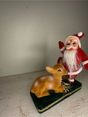 Vintage MCM Flocked Santa with Reindeer Fawn on Green Stand, Holiday Decor